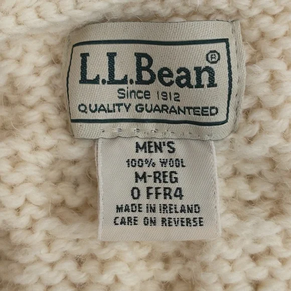 Soft Irish Wool LL Bean Fisherman Cardigan Collarless Aran Knit Sweater Cream M